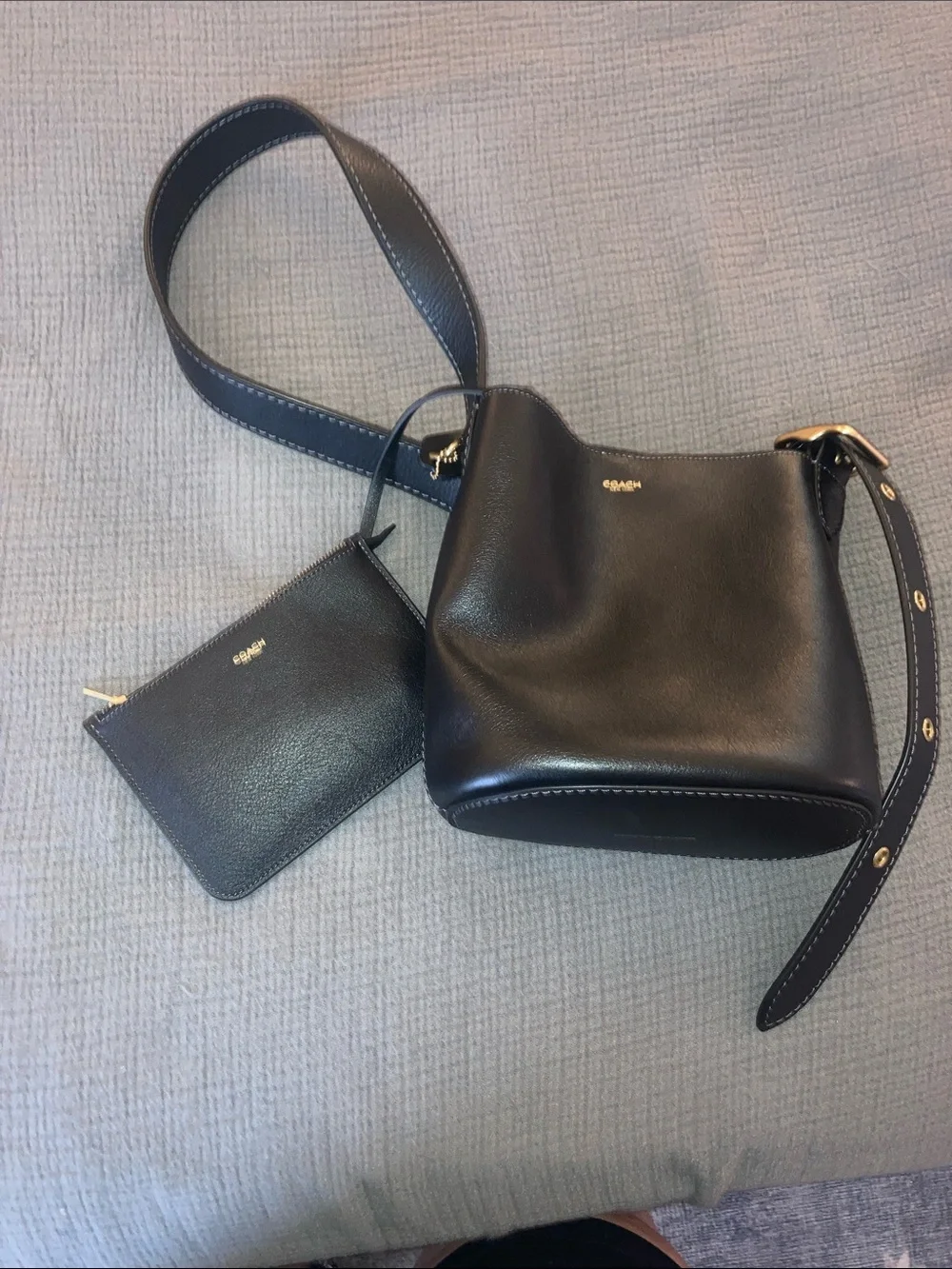 Coach Black Leather Shoulder Bucket Bag with Gold Hardware